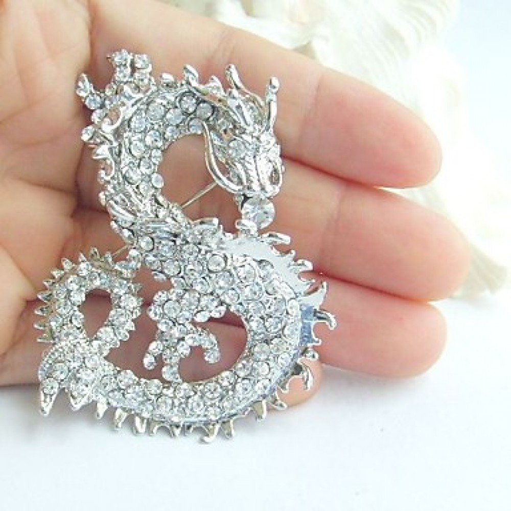 Women Accessories Silver-tone Clear Rhinestone Crystal Dragon Brooch Art Deco Crystal Brooch Pin