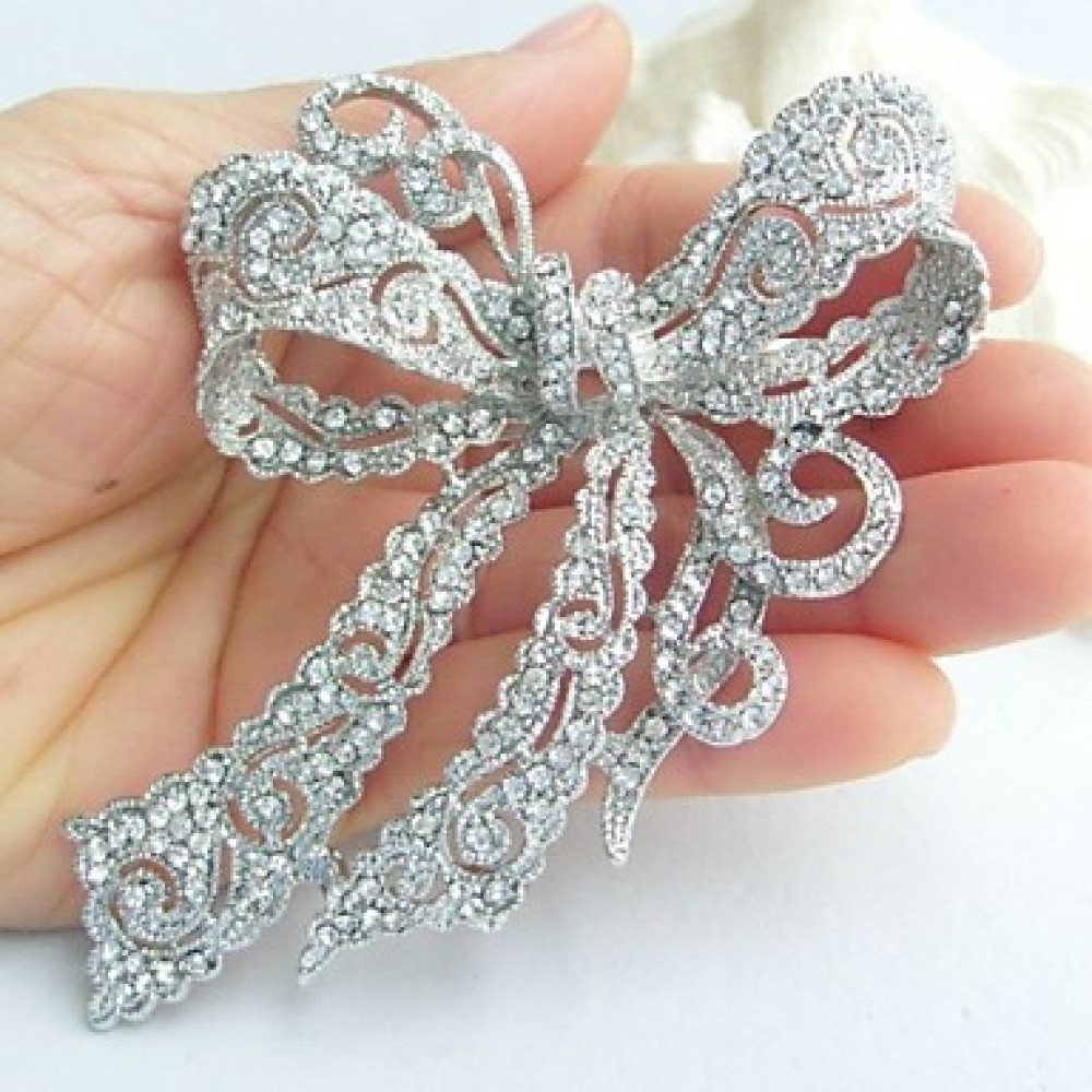 Wedding 4.13 Inch Silver-tone Clear Rhinestone Crystal Bowknot Brooch Bridal Bouquet Bridal Brooch Bridesmaid Jewelry