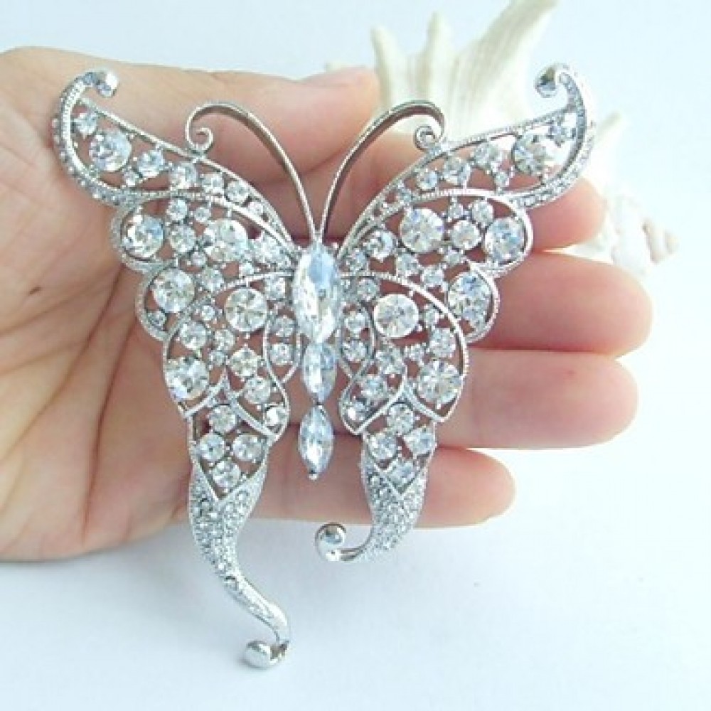 Women Accessories Silver-tone Clear Rhinestone Crystal Butterfly Brooch Art Deco Crystal Brooch