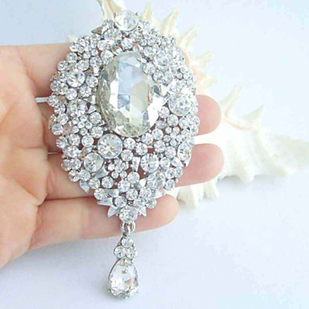 Wedding 3.94 Inch Silver-tone Clear Rhinestone Crystal Bridal Brooch Pendant Wedding Decorations