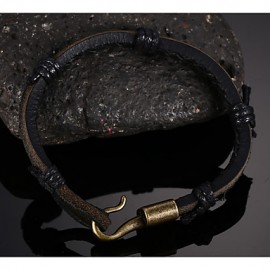 Leather Woven Brass Buckle Men Bracelet