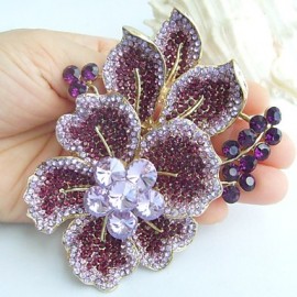 Gorgeous 3.54 Inch Gold-tone Purple Rhinestone Crystal Flower Brooch Art Decorations