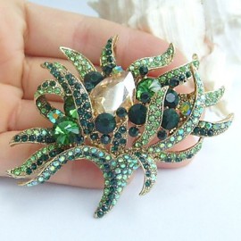 2.95 Inch Gold-tone Green Rhinestone Crystal Flower Brooch Pendant Art Decorations