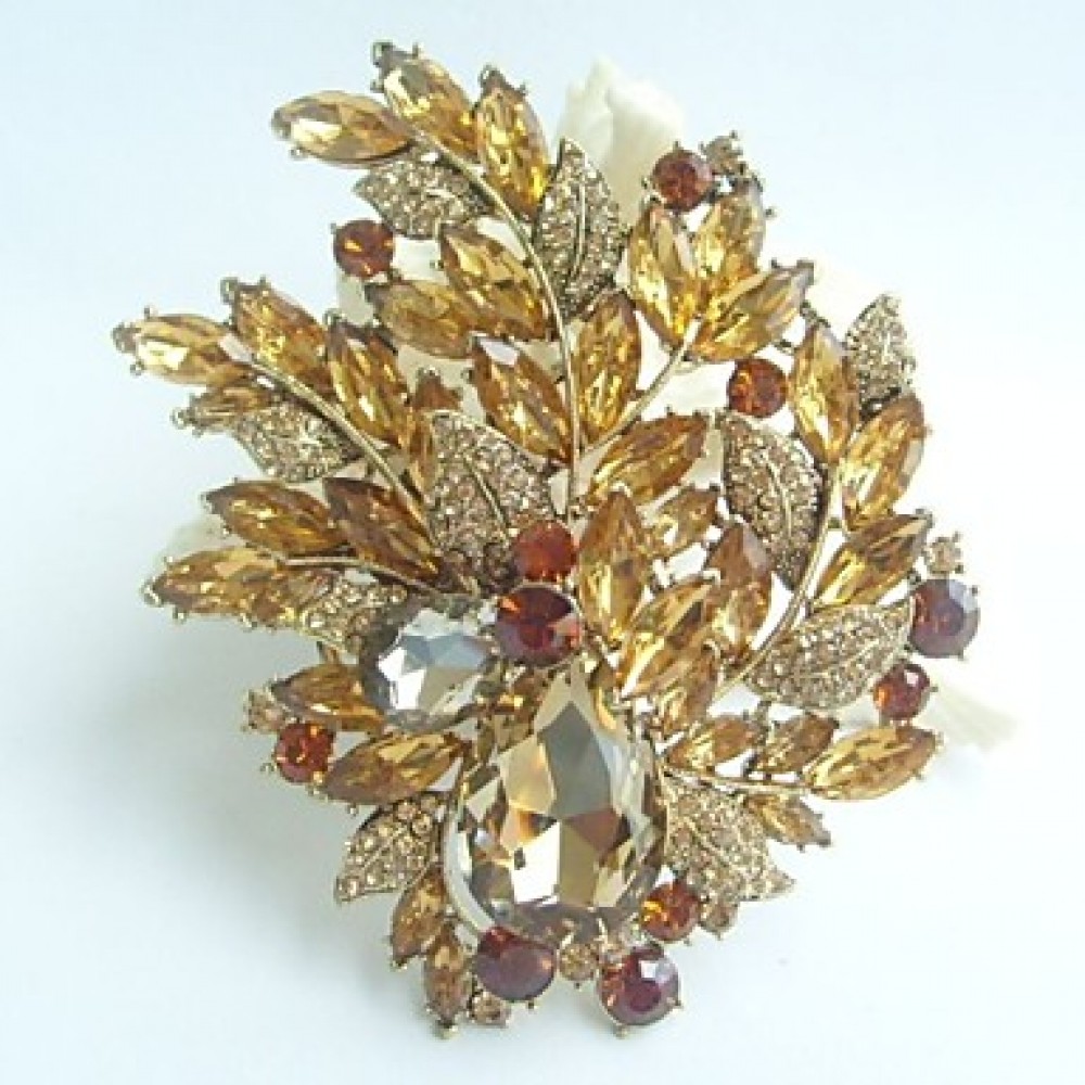 Gorgeous 4.33 Inch Gold-tone Topaz Rhinestone Crystal Flower Brooch Art Deco Brooch Bouquet