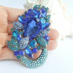 2.95 Inch Gold-tone Blue Rhinestone Crystal Flower Brooch Pendant Art Decorations