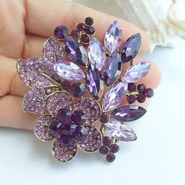 2.36 Inch Gold-tone Purple Rhinestone Crystal Flower Brooch Pendant Art Decorations