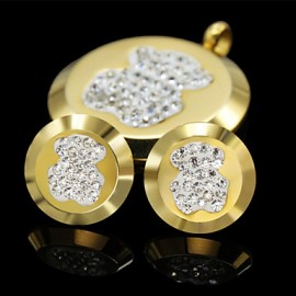 Fashion Gold Silver Stainless Steel Round CZ Crystal Bear Pendant Earring Jewelry Set(1Set)  