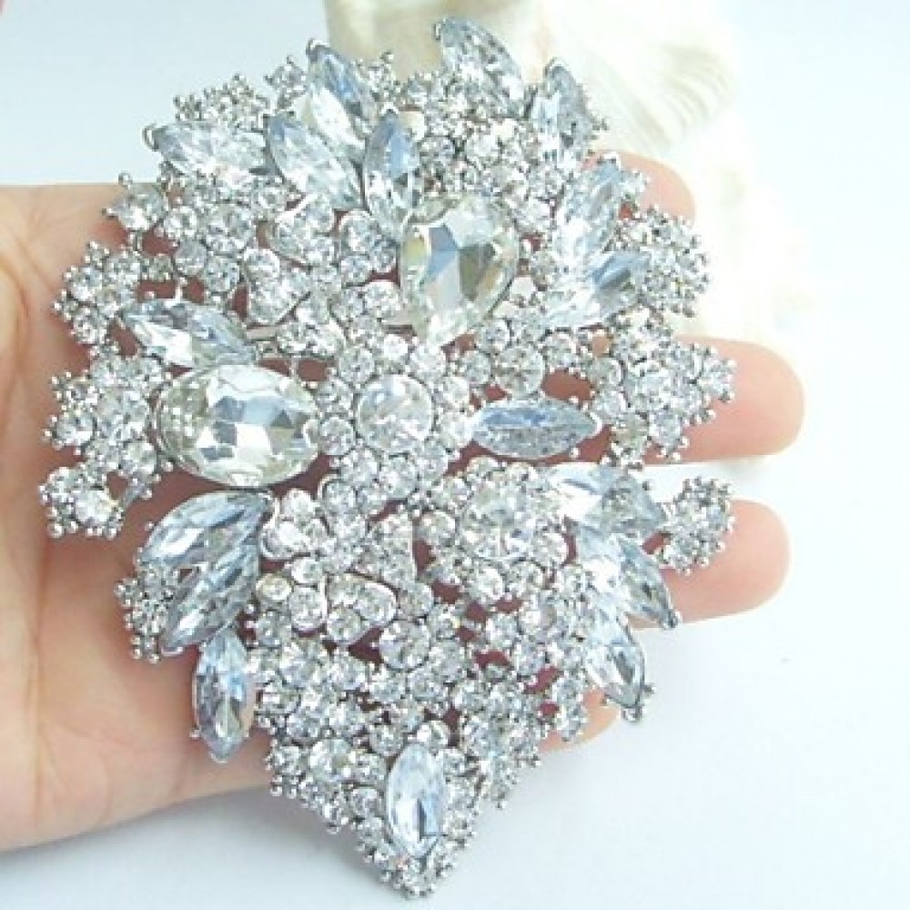 Wedding 4.13 Inch Silver-tone Clear Rhinestone Crystal Flower Brooch Pendant Bridesmaid Jewelry