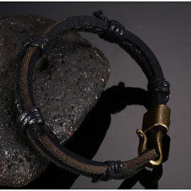 Leather Woven Brass Buckle Men Bracelet