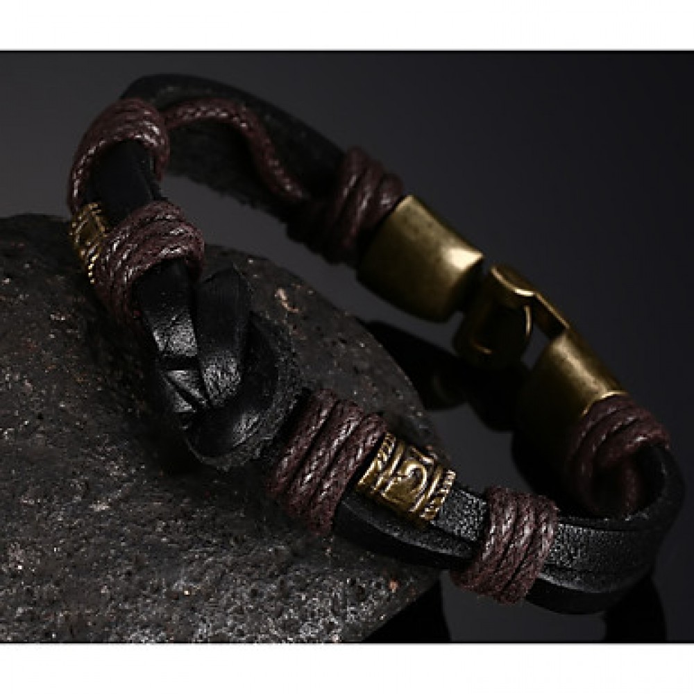 Leather WovenBrass Buckle Men Bracelet