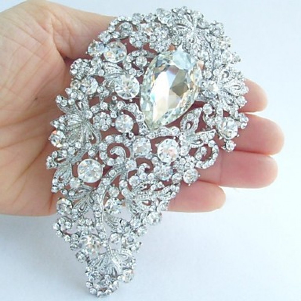 Wedding 4.72 Inch Silver-tone Clear Rhinestone Crystal Flower Brooch Pendant Bridal Bouquet