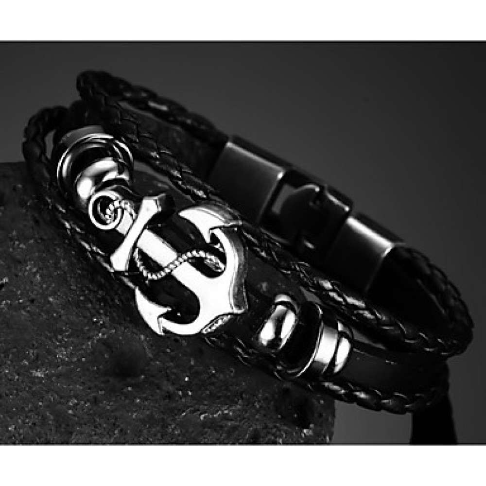 Head Layer Cowhide Titanium Steel Buckle Men Anchor Bracelet