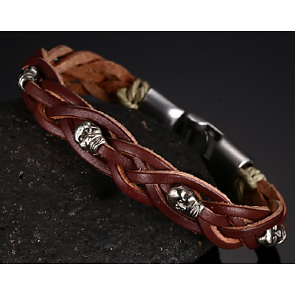 Leather WovenBrass Buckle Men Bracelet