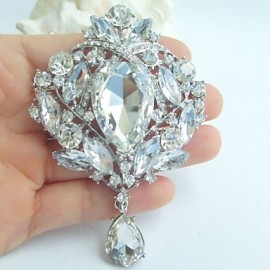 Wedding 3.54 Inch Silver-tone Clear Rhinestone Crystal Drop Flower Brooch Pendant Art Deco