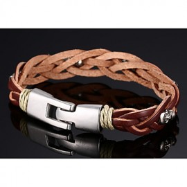 Leather WovenBrass Buckle Men Bracelet