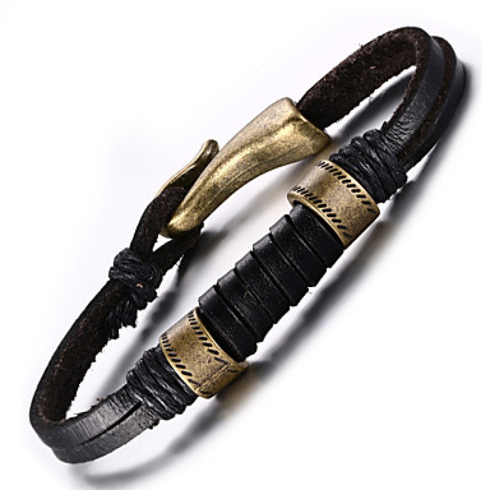 Leather WovenBrass Buckle Men Bracelet