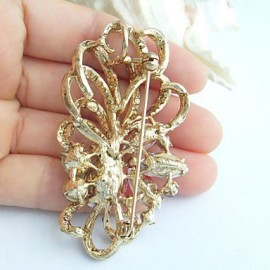 2.56 Inch Gold-tone Pink Rhinestone Crystal Flower Brooch Pendant Art Decorations