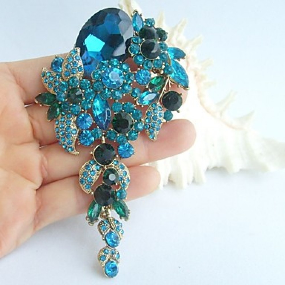 Wedding 4.13 Inch Gold-tone Turquoise Rhinestone Crystal Flower Brooch Art Deco Brooch Bouquet Women Jewelry