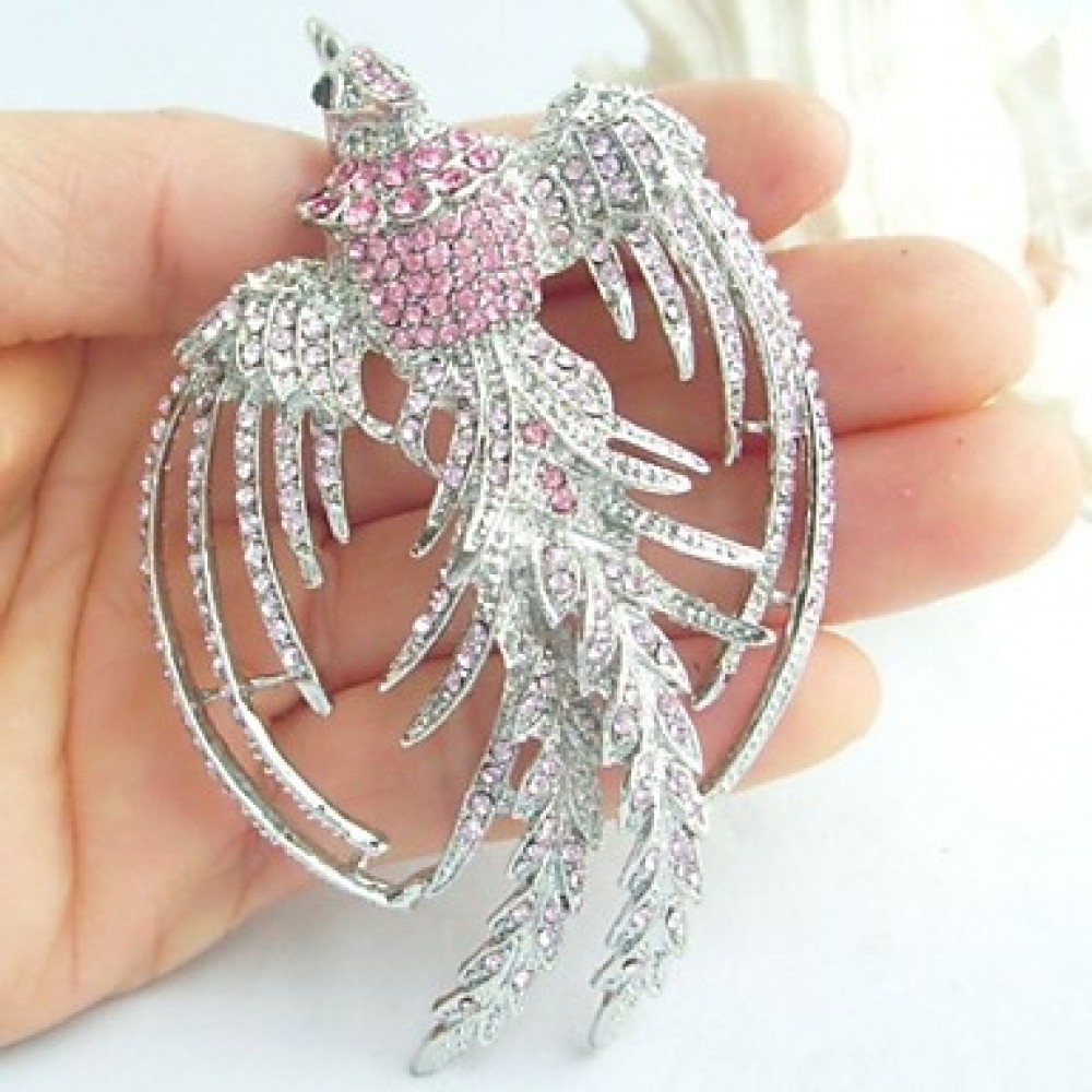 Women Accessories Silver-tone Pink Rhinestone Crystal Phoenix Brooch Art Deco Crystal Brooch