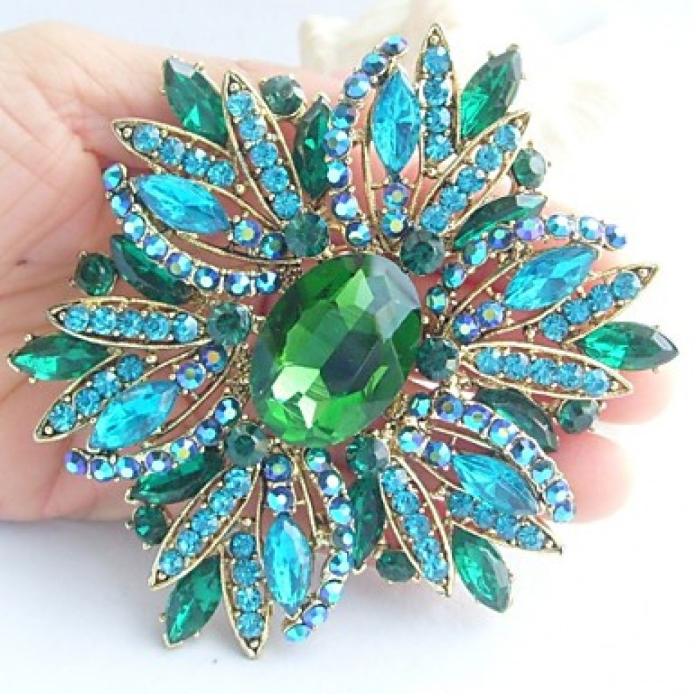 Gorgeous 3.94 Inch Gold-tone Turquoise Green Rhinestone Crystal Flower Brooch Art Deco