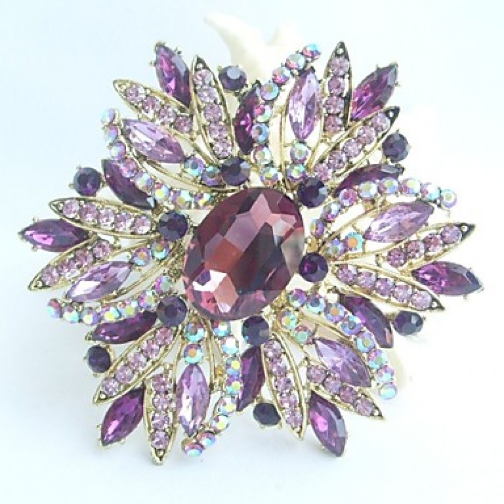 Gorgeous 3.94 Inch Gold-tone Purple Rhinestone Crystal Flower Brooch Art Deco