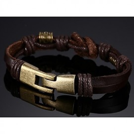 Leather WovenBrass Buckle Men Bracelet