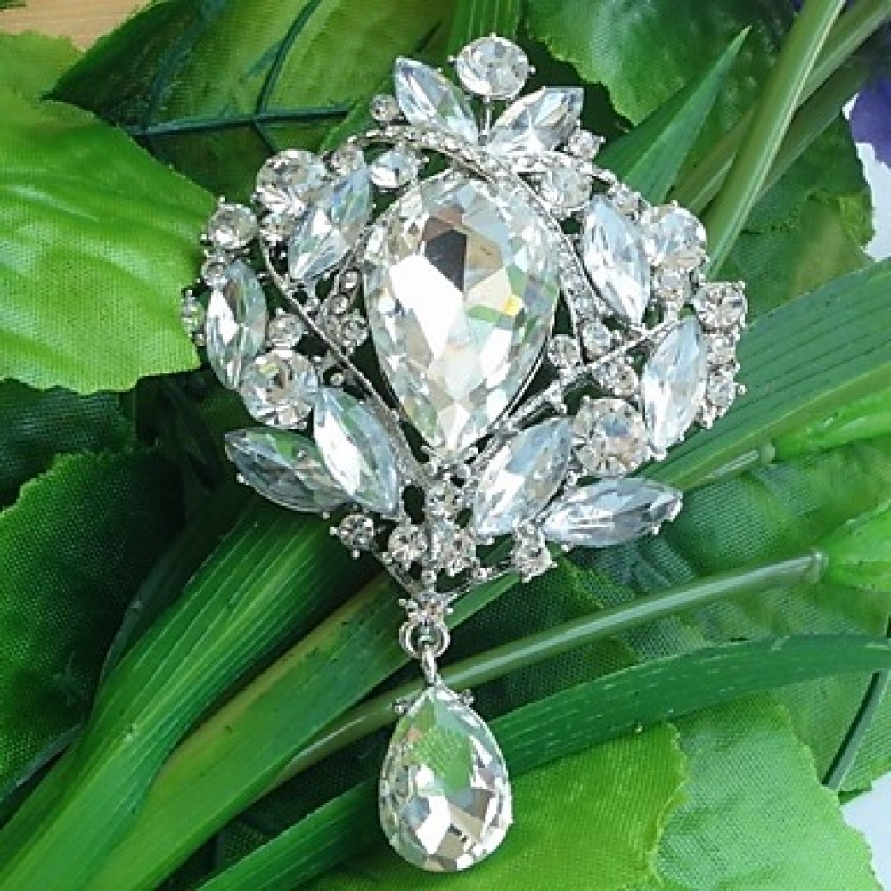 Wedding 3.54 Inch Silver-tone Clear Rhinestone Crystal Drop Flower Brooch Pendant Art Deco