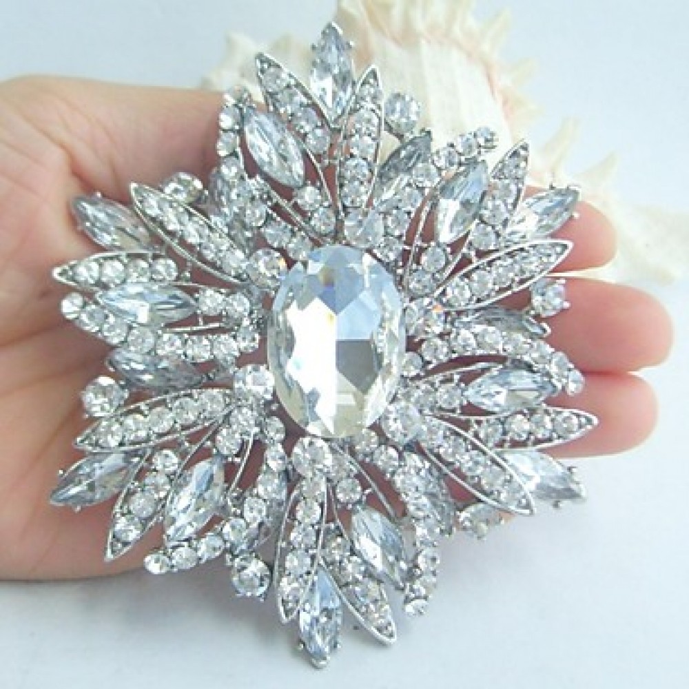 Wedding 3.94 Inch Silver-tone Clear Rhinestone Crystal Flower Brooch Art Deco Bridal Bouquet