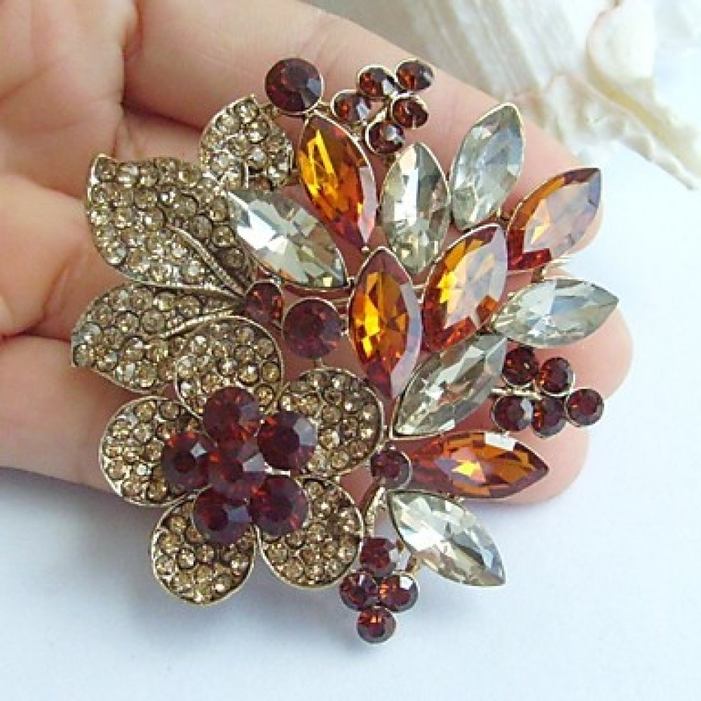 2.36 Inch Gold-tone Topaz Rhinestone Crystal Flower Brooch Pendant Art Decorations