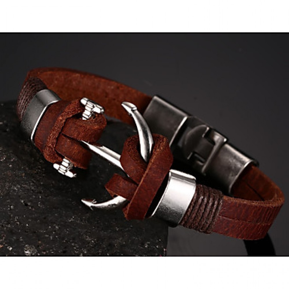 Head Layer Cowhide Titanium Steel Buckle Men Anchor Bracelet