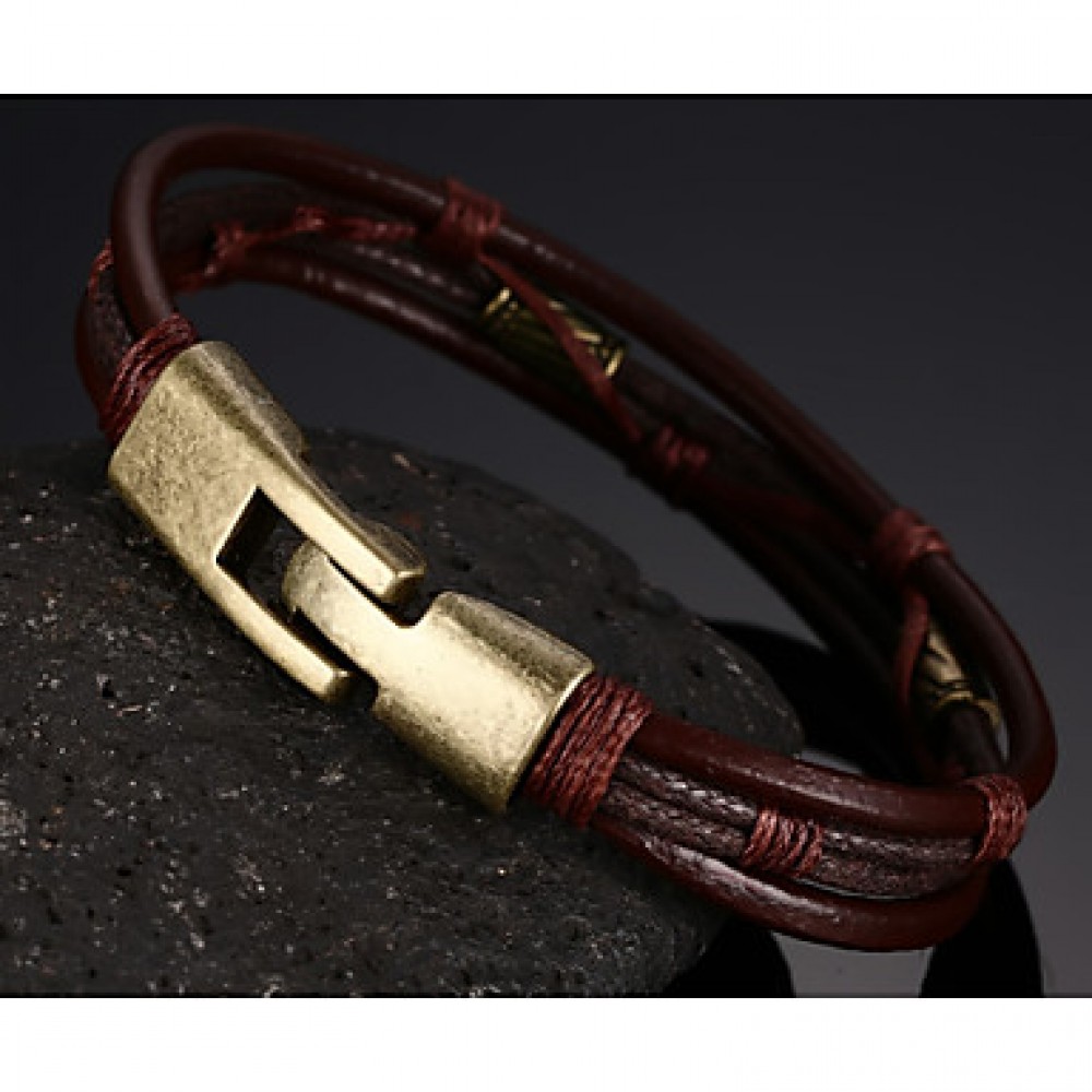 Leather WovenBrass Buckle Men Bracelet