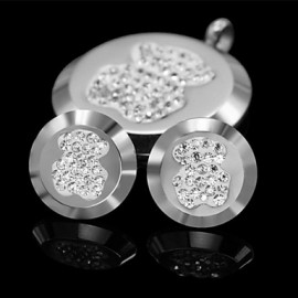 Fashion Gold Silver Stainless Steel Round CZ Crystal Bear Pendant Earring Jewelry Set(1Set)  