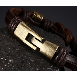 Leather WovenBrass Buckle Men Bracelet