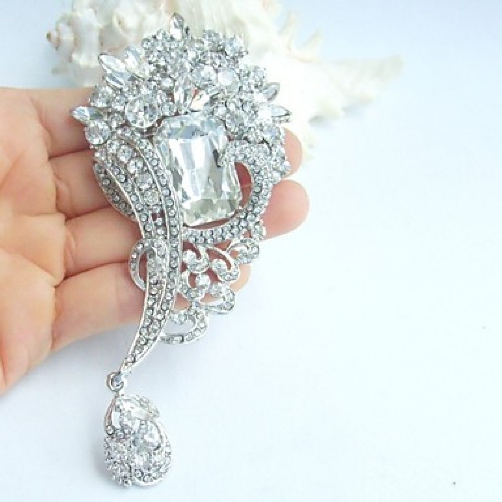 Wedding 4.72 Inch Silver-tone Clear Rhinestone Crystal Bridal Brooch Wedding Deco Bridal Bouquet Wedding Flower Brooch