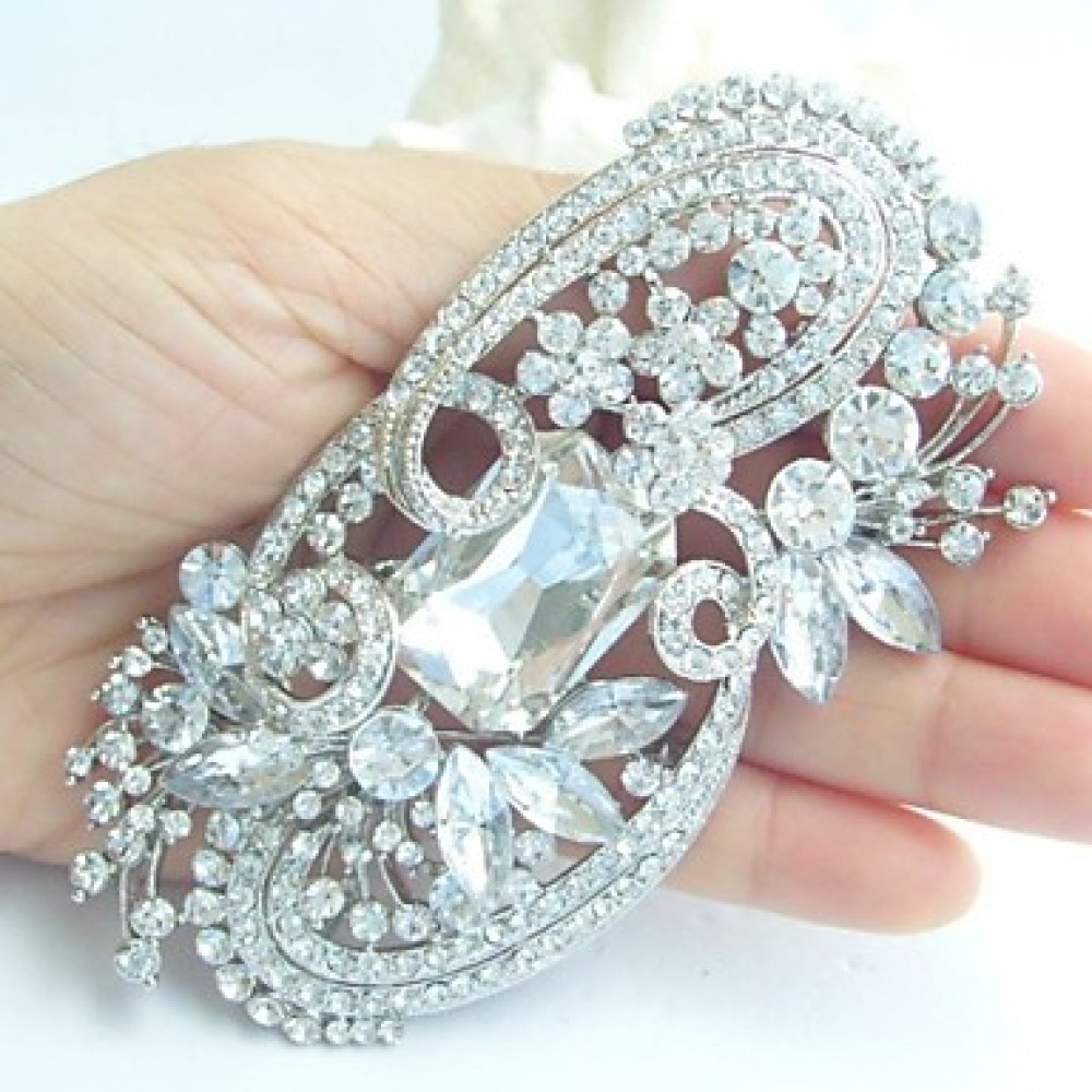 Wedding 4.13 Inch Silver-tone Clear Rhinestone Crystal Flower Brooch Pendant