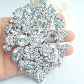 Wedding 4.13 Inch Silver-tone Clear Rhinestone Crystal Flower Brooch Pendant Bridesmaid Jewelry