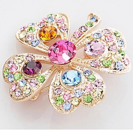 Lucky DollDiamonade Gemstone & Crystal Zirconia Four Leaved Colorful Brooch