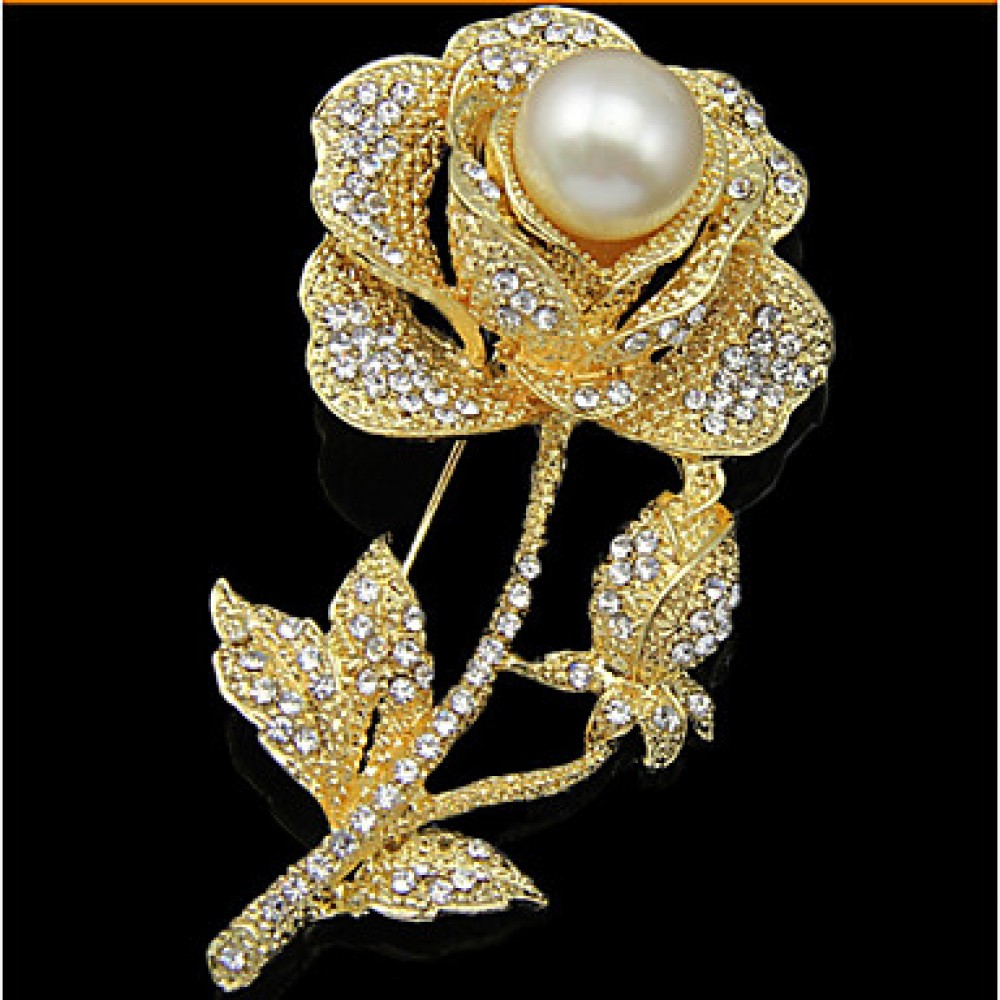 Lucky DollRose Gold Plated Diamonade Zirconia Imitation Pearl Rose Brooch